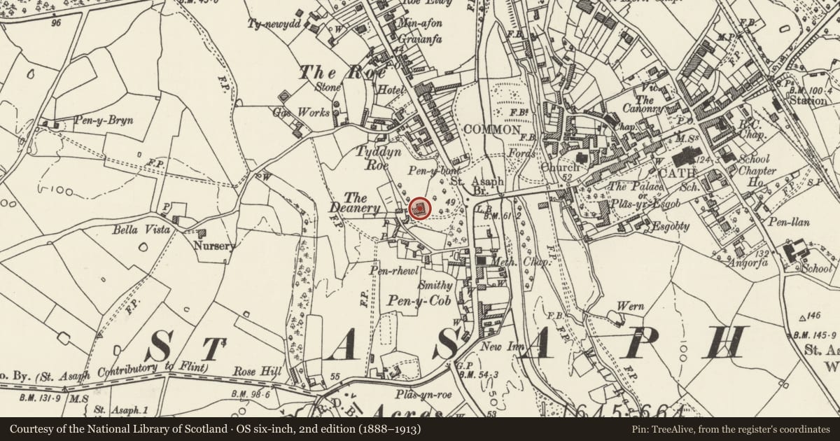 Ordnance Survey six-inch map, 2nd edition (1888–1913) covering the location of The Old Deanery, St. Asaph, Denbighshire, with a pin at the register's coordinates