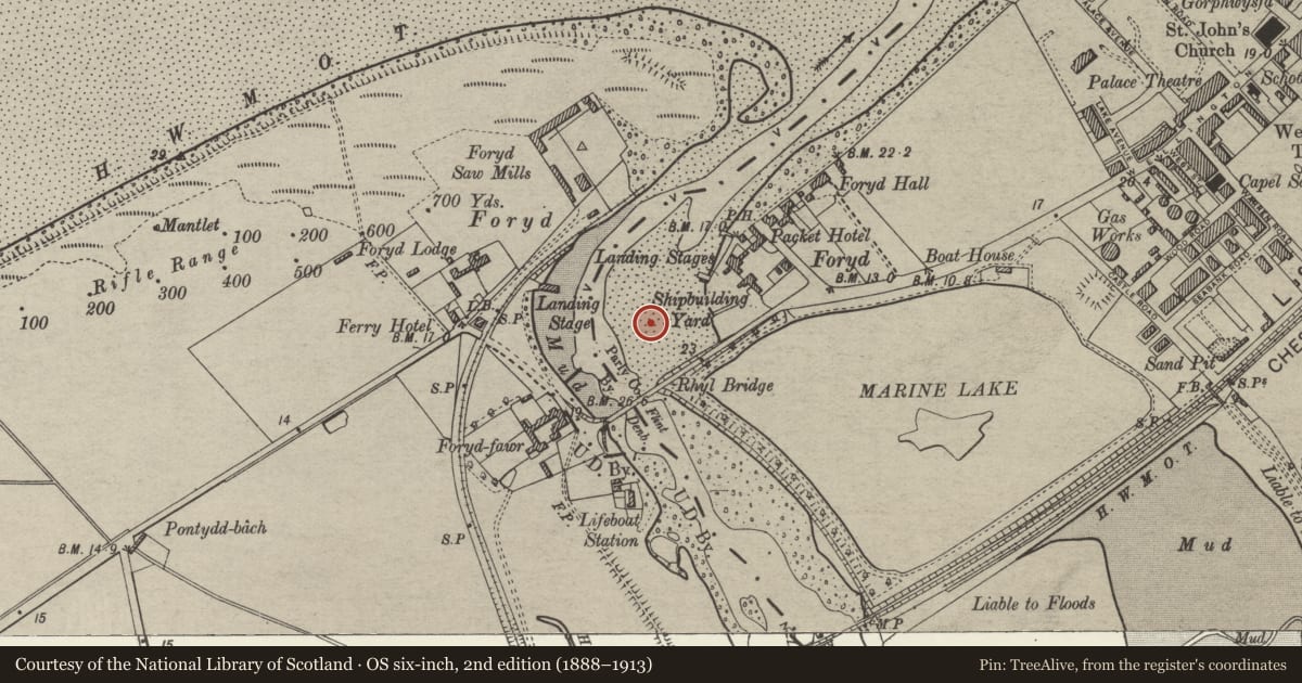Ordnance Survey six-inch map, 2nd edition (1888–1913) covering the location of Foryd Bridge, Rhyl, Denbighshire, with a pin at the register's coordinates
