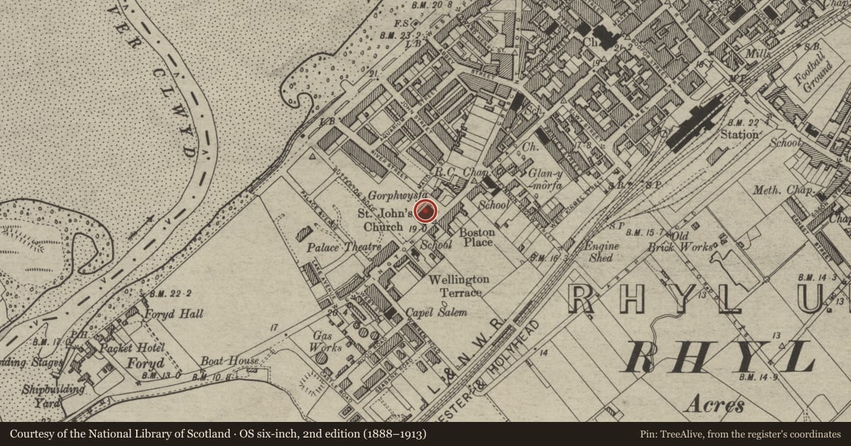 Ordnance Survey six-inch map, 2nd edition (1888–1913) covering the location of Church of Saint John, Rhyl, Denbighshire, with a pin at the register's coordinates