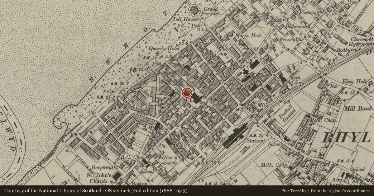 Ordnance Survey six-inch map, 2nd edition (1888–1913) covering the location of Christchurch United Reformed Church, Rhyl, Denbighshire, with a pin at the register's coordinates