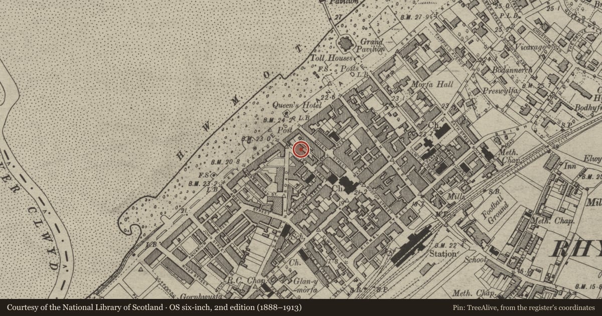 Ordnance Survey six-inch map, 2nd edition (1888–1913) covering the location of 49 Water Street, Rhyl, Denbighshire, with a pin at the register's coordinates