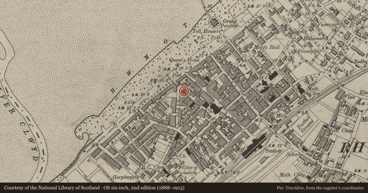 Ordnance Survey six-inch map, 2nd edition (1888–1913) covering the location of 52 Water Street, Rhyl, Denbighshire, with a pin at the register's coordinates