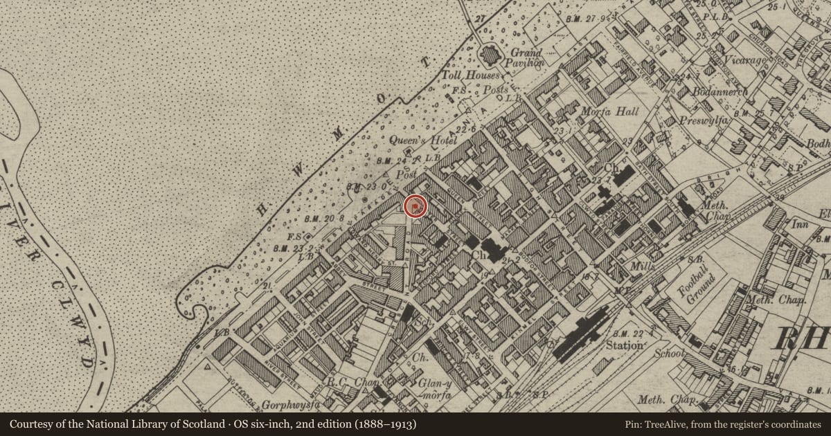 Ordnance Survey six-inch map, 2nd edition (1888–1913) covering the location of 56 Water Street, Rhyl, Denbighshire, with a pin at the register's coordinates