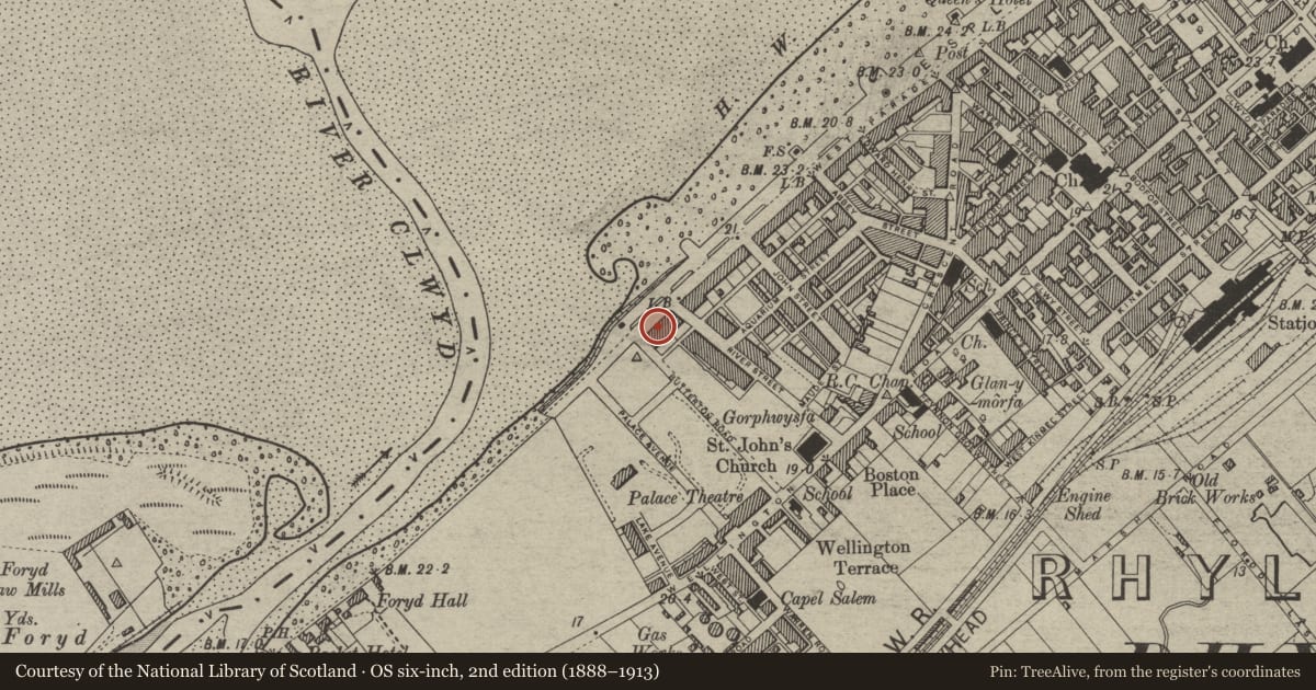 Ordnance Survey six-inch map, 2nd edition (1888–1913) covering the location of 74 West Parade, Rhyl, Denbighshire, with a pin at the register's coordinates