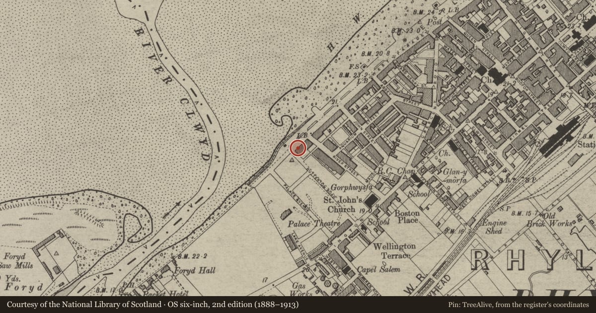 Ordnance Survey six-inch map, 2nd edition (1888–1913) covering the location of 75 West Parade, Rhyl, Denbighshire, with a pin at the register's coordinates