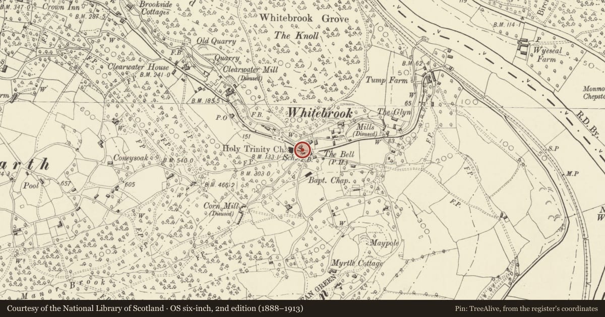 Ordnance Survey six-inch map, 2nd edition (1888–1913) covering the location of Telephone Call-box (01600 860389), Trellech United, Monmouthshire, with a pin at the register's coordinates