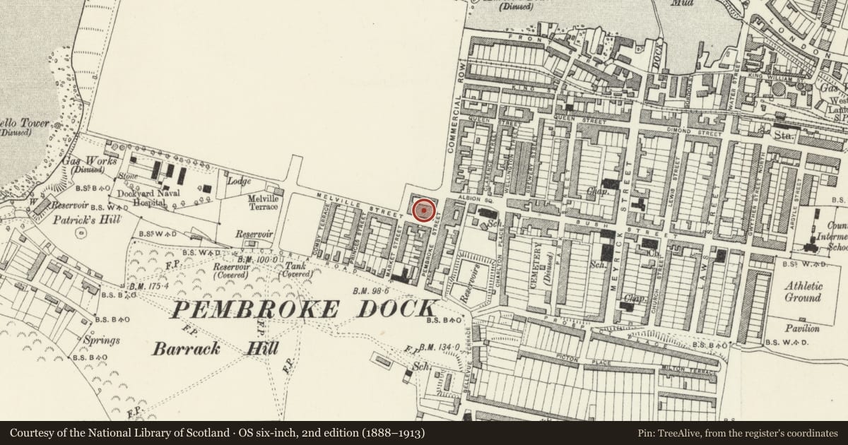Ordnance Survey six-inch map, 2nd edition (1888–1913) covering the location of The Market (formerly only NE elevation listed), Pembroke Dock, Pembrokeshire, with a pin at the register's coordinates