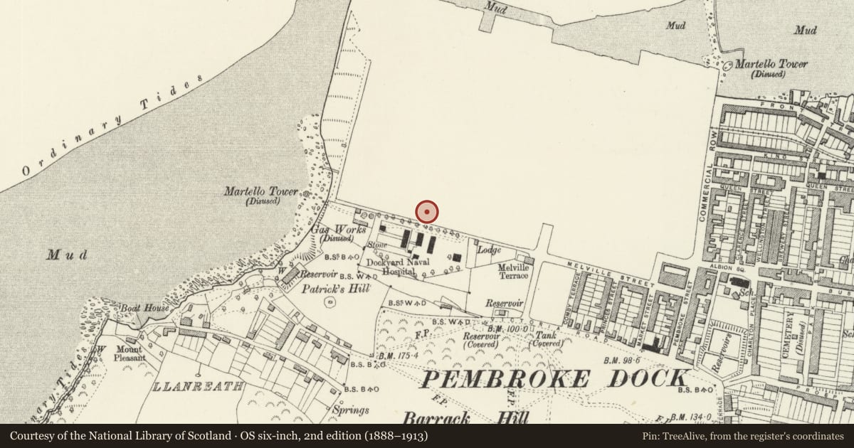 Ordnance Survey six-inch map, 2nd edition (1888–1913) covering the location of Paterchurch Tower, Pembroke Dock, Pembrokeshire, with a pin at the register's coordinates