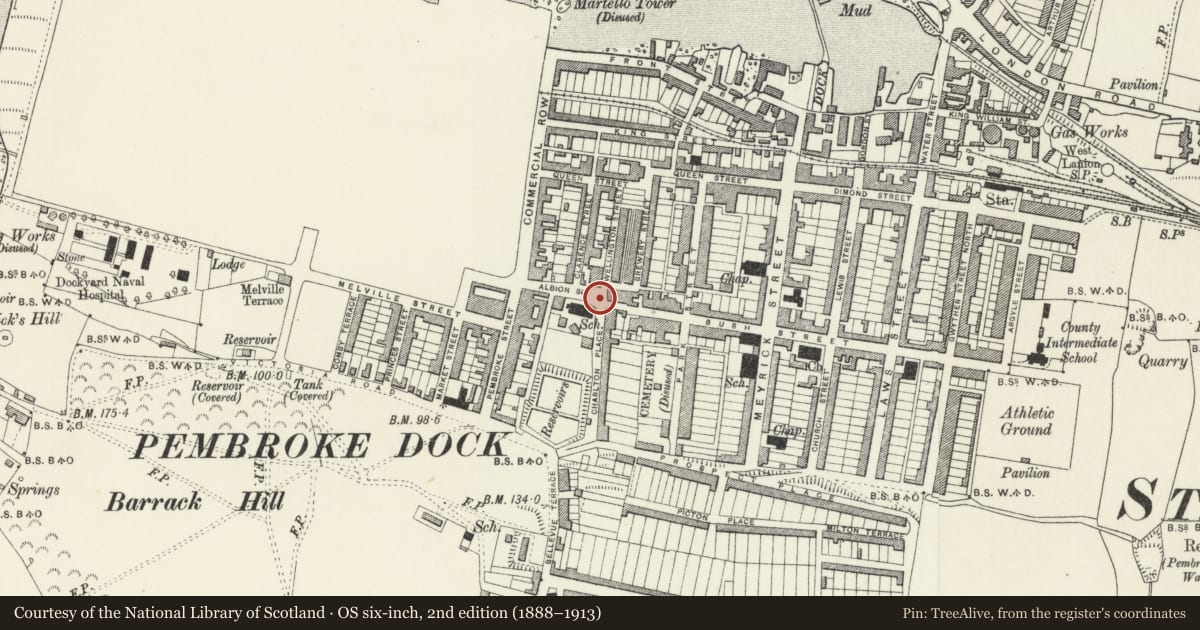 Ordnance Survey six-inch map, 2nd edition (1888–1913) covering the location of Centenary Memorial Standard Lamp, Pembroke Dock, Pembrokeshire, with a pin at the register's coordinates