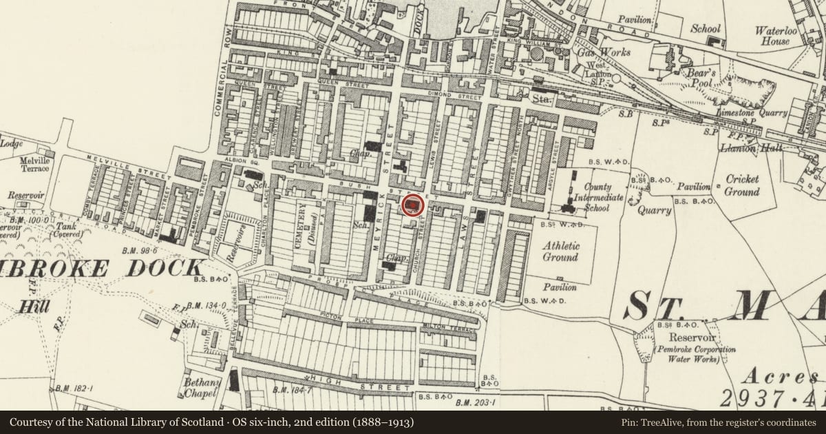 Ordnance Survey six-inch map, 2nd edition (1888–1913) covering the location of Church of Saint John the Evangelist, Pembroke Dock, Pembrokeshire, with a pin at the register's coordinates