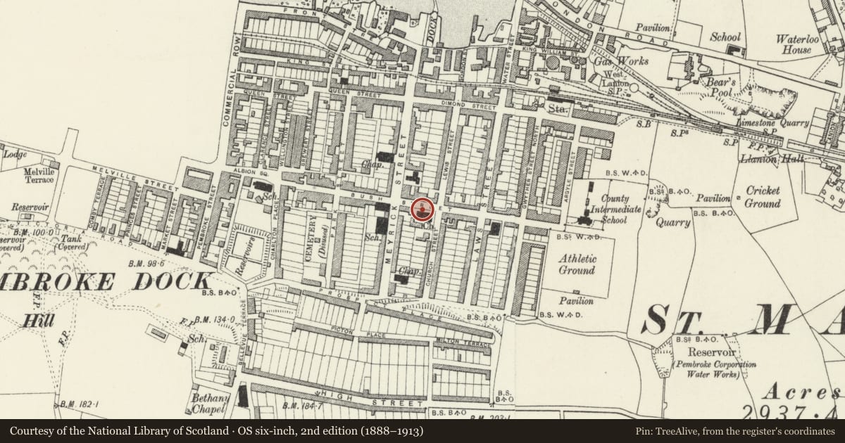 Ordnance Survey six-inch map, 2nd edition (1888–1913) covering the location of Section 1 of Chuchyard railings at Church of Saint John, Pembroke Dock, Pembrokeshire, with a pin at the register's coordinates
