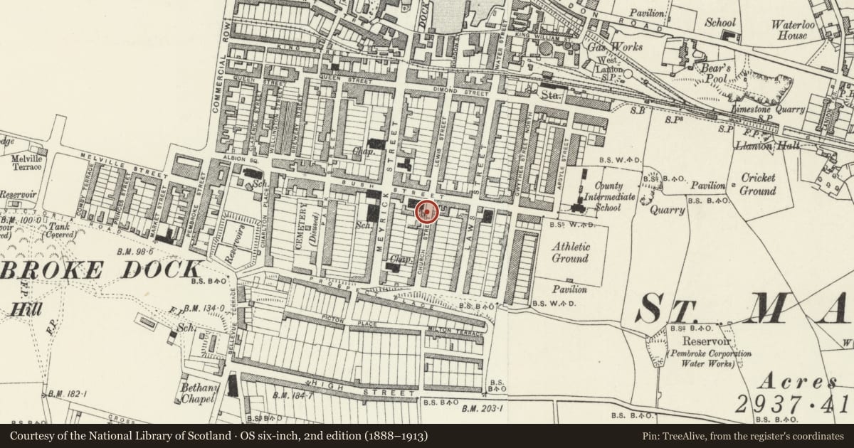 Ordnance Survey six-inch map, 2nd edition (1888–1913) covering the location of Section 2 of Churchyard Railings at Church of Saint John, Pembroke Dock, Pembrokeshire, with a pin at the register's coordinates