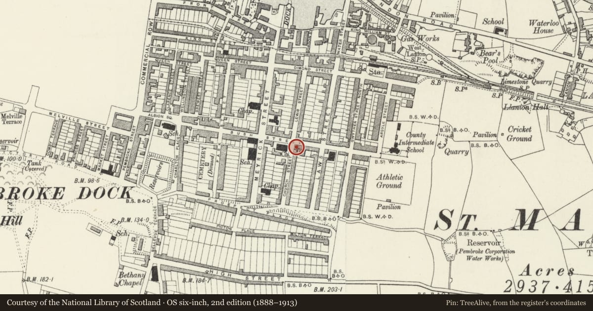 Ordnance Survey six-inch map, 2nd edition (1888–1913) covering the location of Cambria House, Pembroke Dock, Pembrokeshire, with a pin at the register's coordinates