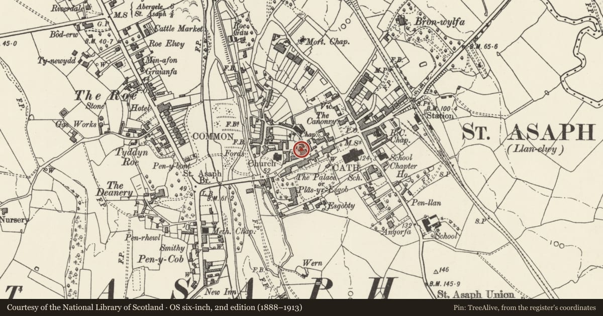 Ordnance Survey six-inch map, 2nd edition (1888–1913) covering the location of Red Lion P.H., St. Asaph, Denbighshire, with a pin at the register's coordinates