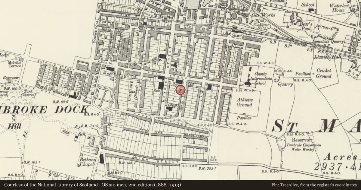 Ordnance Survey six-inch map, 2nd edition (1888–1913) covering the location of The Vicarage, Pembroke Dock, Pembrokeshire, with a pin at the register's coordinates