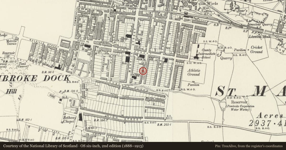 Ordnance Survey six-inch map, 2nd edition (1888–1913) covering the location of 20 Church Street, Pembroke Dock, Pembrokeshire, with a pin at the register's coordinates
