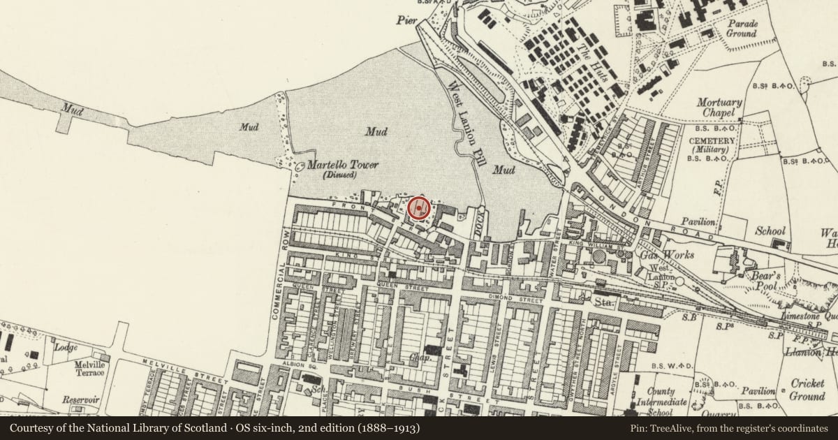 Ordnance Survey six-inch map, 2nd edition (1888–1913) covering the location of Dry Dock in Yard occupied by Haven Yachts, Pembroke Dock, Pembrokeshire, with a pin at the register's coordinates