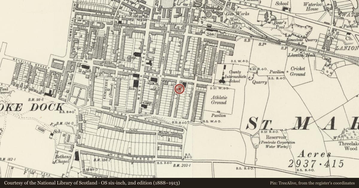 Ordnance Survey six-inch map, 2nd edition (1888–1913) covering the location of 67 Laws Street, Pembroke Dock, Pembrokeshire, with a pin at the register's coordinates