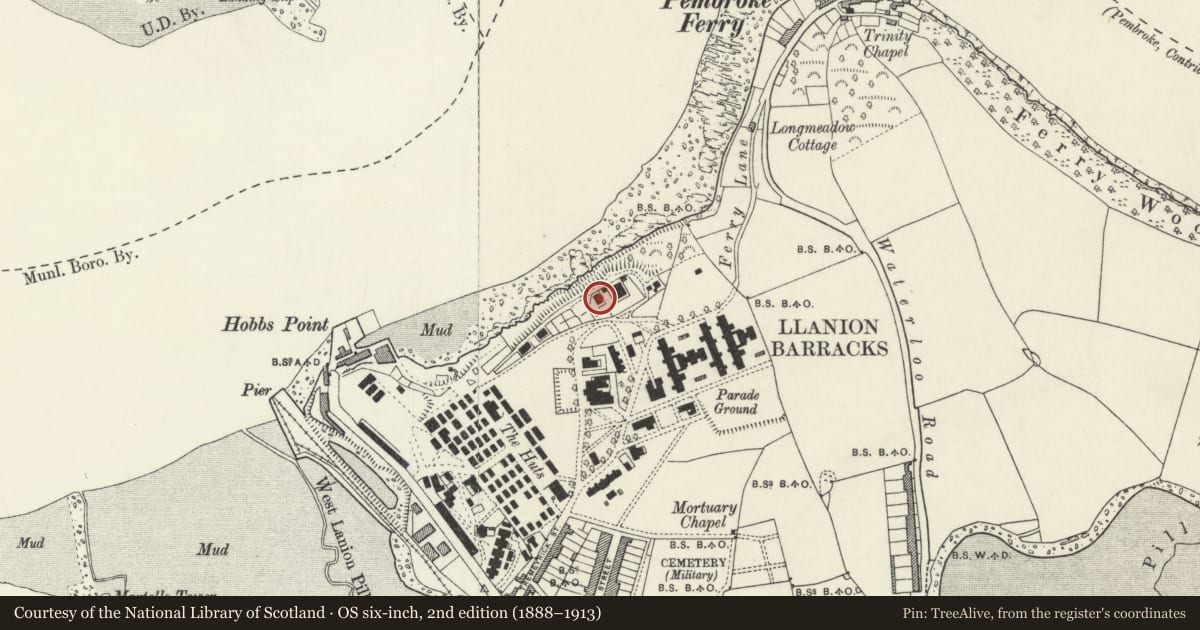 Ordnance Survey six-inch map, 2nd edition (1888–1913) covering the location of Former Cartridge Magazine and surrounding wall, Pembroke Dock, Pembrokeshire, with a pin at the register's coordinates