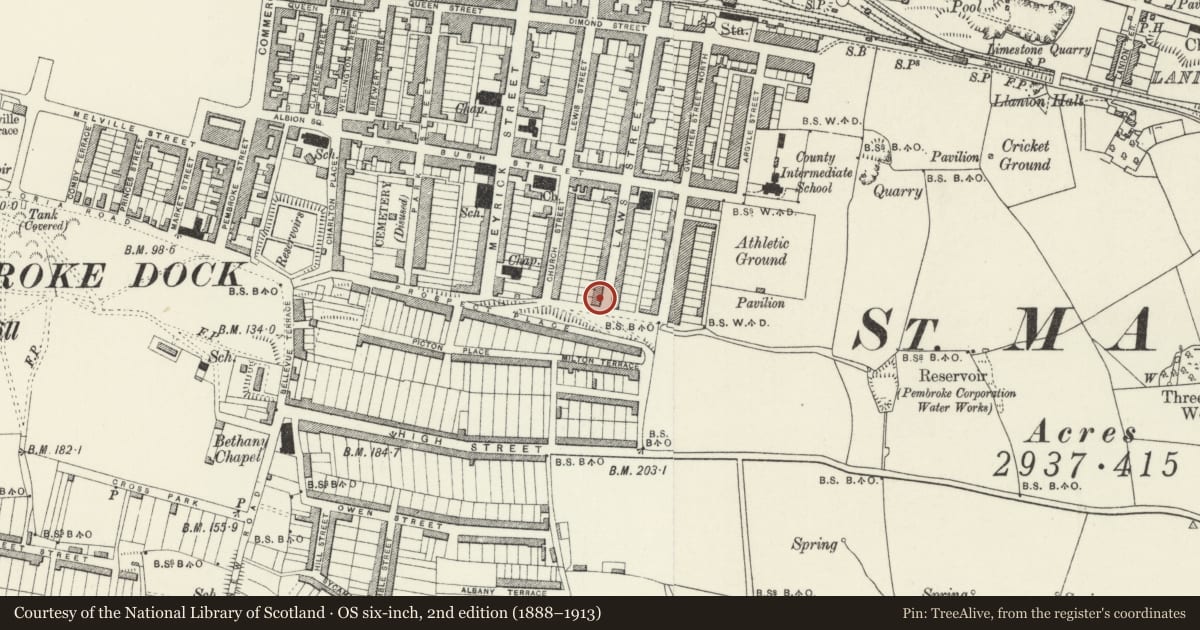 Ordnance Survey six-inch map, 2nd edition (1888–1913) covering the location of 100 Laws Street, Pembroke Dock, Pembrokeshire, with a pin at the register's coordinates
