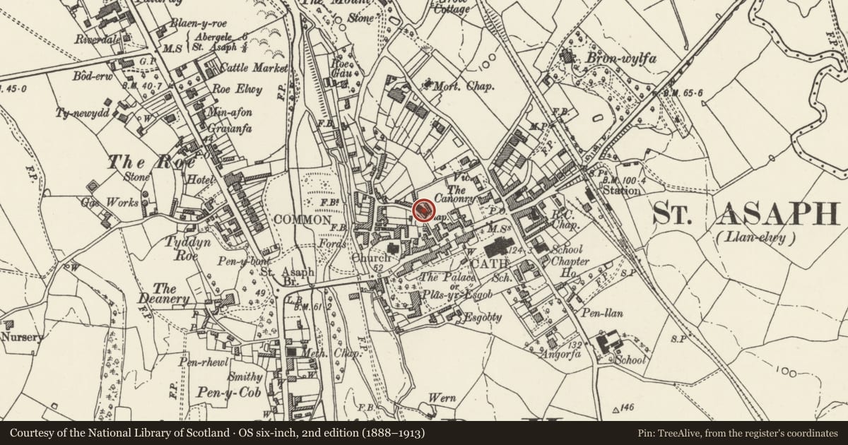 Ordnance Survey six-inch map, 2nd edition (1888–1913) covering the location of St. Asaph Auction Rooms, Denbighshire, with a pin at the register's coordinates