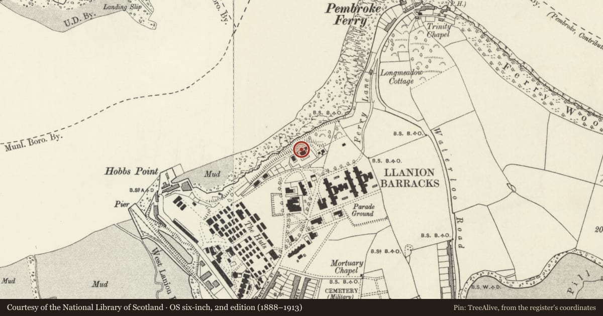Ordnance Survey six-inch map, 2nd edition (1888–1913) covering the location of Surrounding Wall, Pembroke Dock, Pembrokeshire, with a pin at the register's coordinates