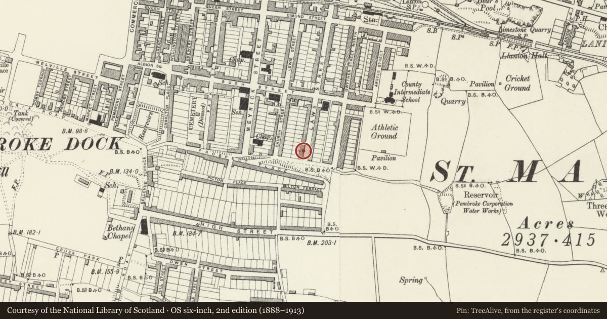 Ordnance Survey six-inch map, 2nd edition (1888–1913) covering the location of 96 Laws Street, Pembroke Dock, Pembrokeshire, with a pin at the register's coordinates