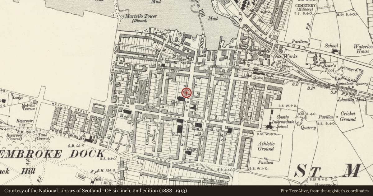 Ordnance Survey six-inch map, 2nd edition (1888–1913) covering the location of National Westminster Bank, Pembroke Dock, Pembrokeshire, with a pin at the register's coordinates