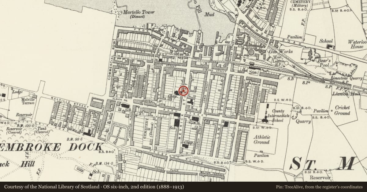 Ordnance Survey six-inch map, 2nd edition (1888–1913) covering the location of Western Telegraph, Pembroke Dock, Pembrokeshire, with a pin at the register's coordinates