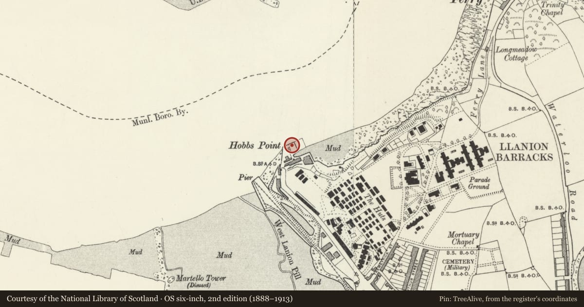 Ordnance Survey six-inch map, 2nd edition (1888–1913) covering the location of Two Bollards on N Side of Quay, Pembroke Dock, Pembrokeshire, with a pin at the register's coordinates