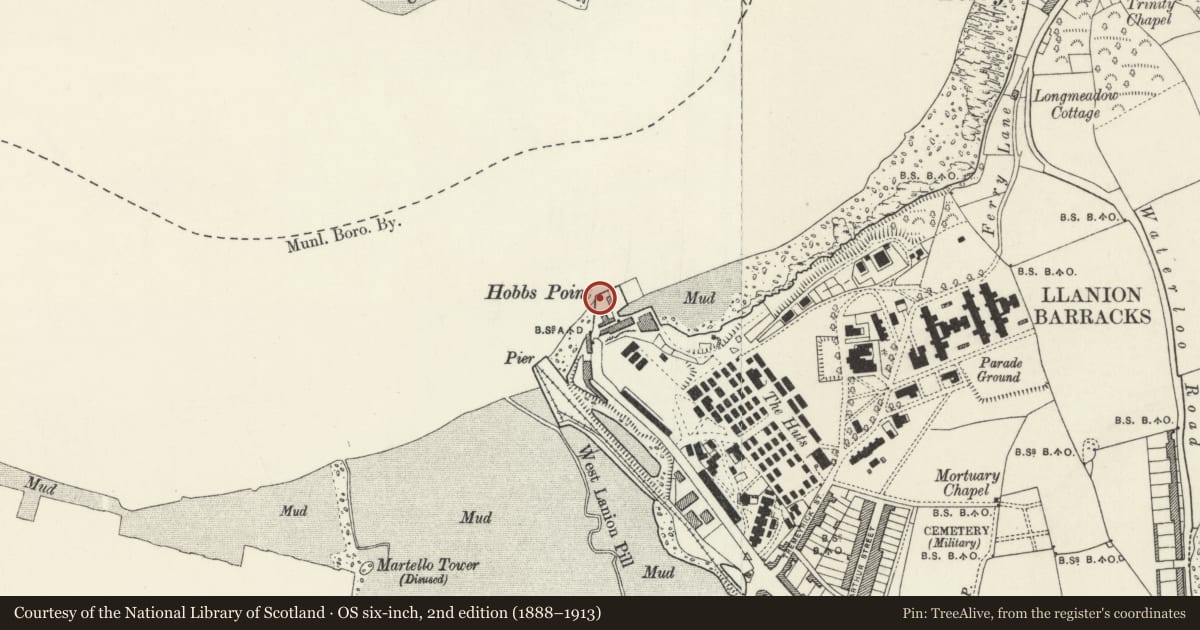 Ordnance Survey six-inch map, 2nd edition (1888–1913) covering the location of One Former Cannon Barrel to SW Side, Pembroke Dock, Pembrokeshire, with a pin at the register's coordinates