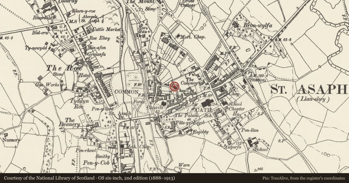 Ordnance Survey six-inch map, 2nd edition (1888–1913) covering the location of House at St. Asaph Auction Rooms, Denbighshire, with a pin at the register's coordinates