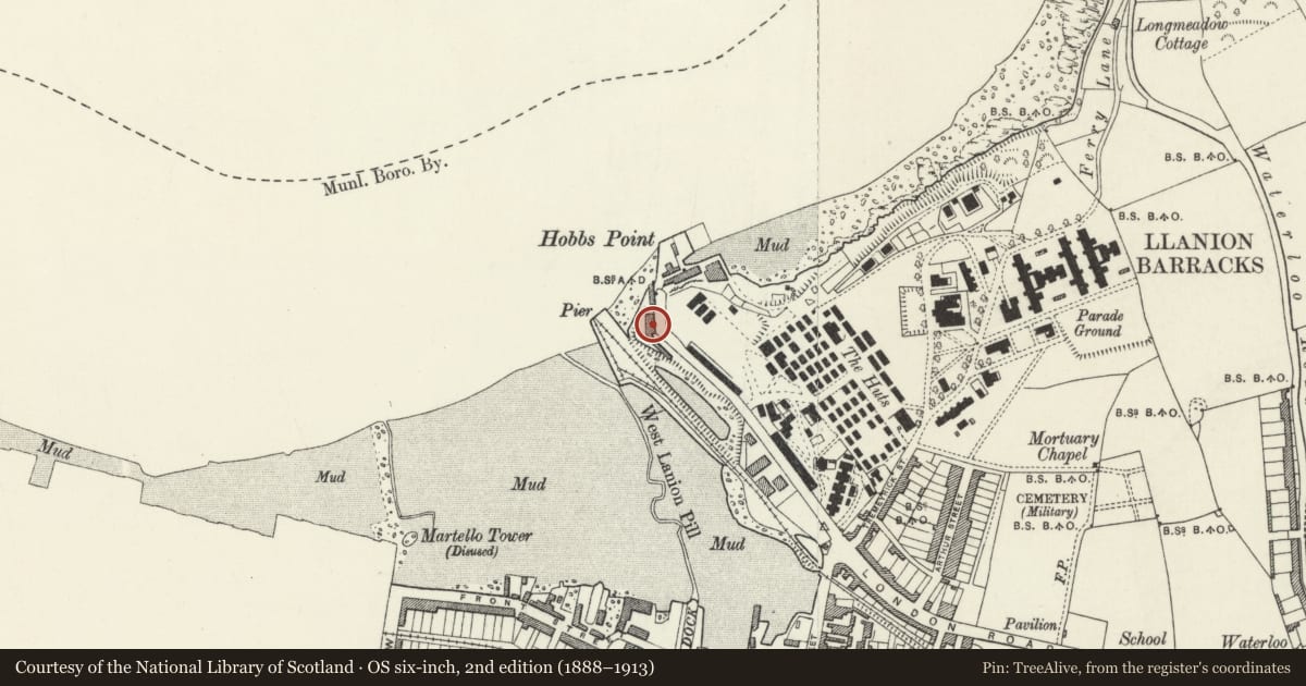 Ordnance Survey six-inch map, 2nd edition (1888–1913) covering the location of Pier House, Pembroke Dock, Pembrokeshire, with a pin at the register's coordinates