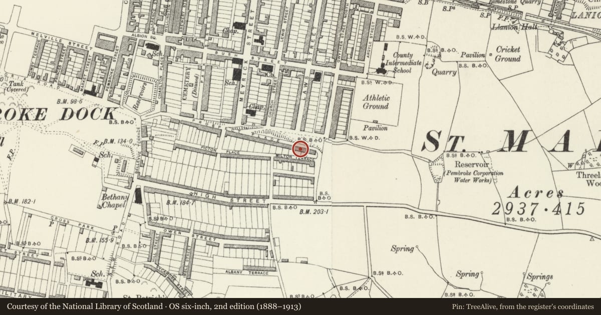 Ordnance Survey six-inch map, 2nd edition (1888–1913) covering the location of 50 Prospect Place, Pembroke Dock, Pembrokeshire, with a pin at the register's coordinates