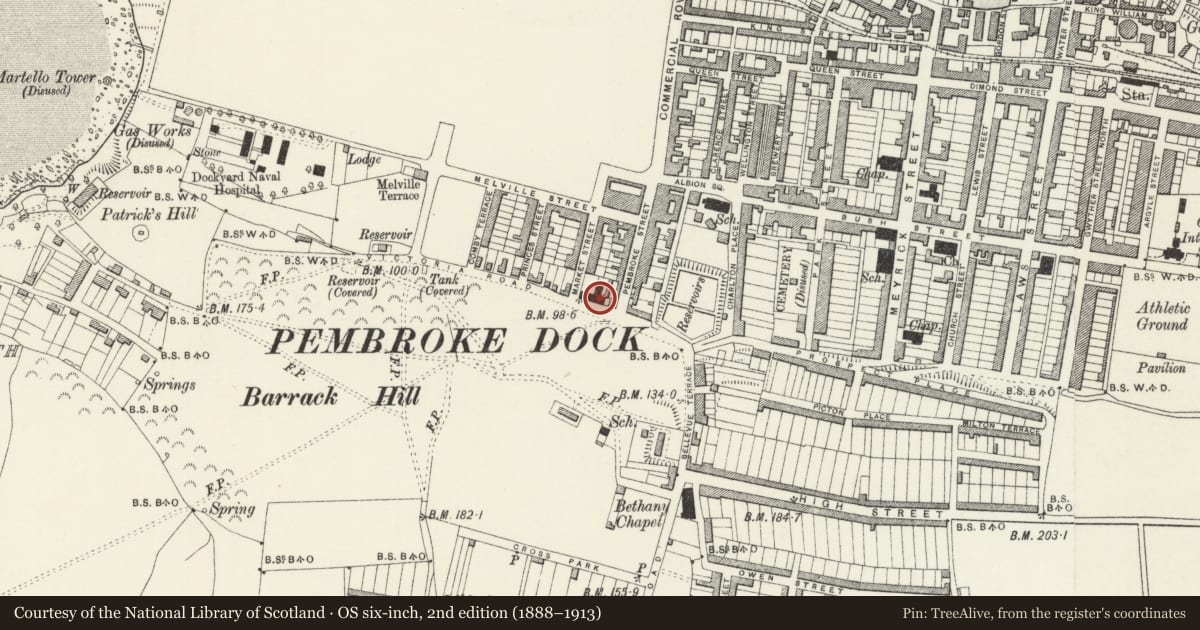 Ordnance Survey six-inch map, 2nd edition (1888–1913) covering the location of Former National School (Now Employment Exchange), Pembroke Dock, Pembrokeshire, with a pin at the register's coordinates