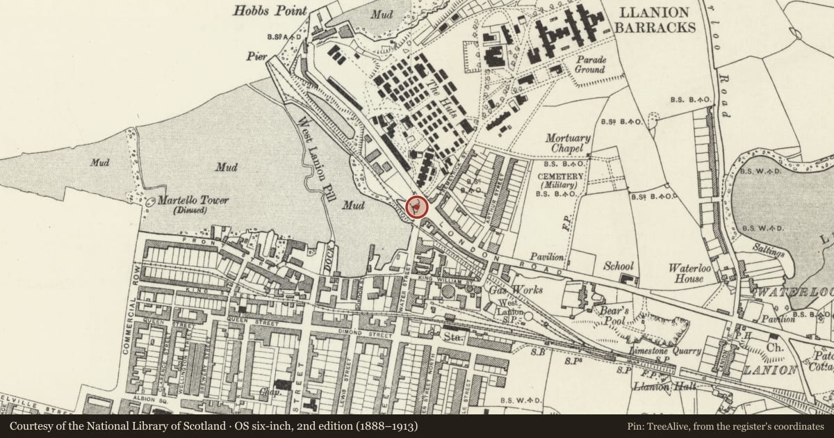 Ordnance Survey six-inch map, 2nd edition (1888–1913) covering the location of The Pump House, Pembroke Dock, Pembrokeshire, with a pin at the register's coordinates