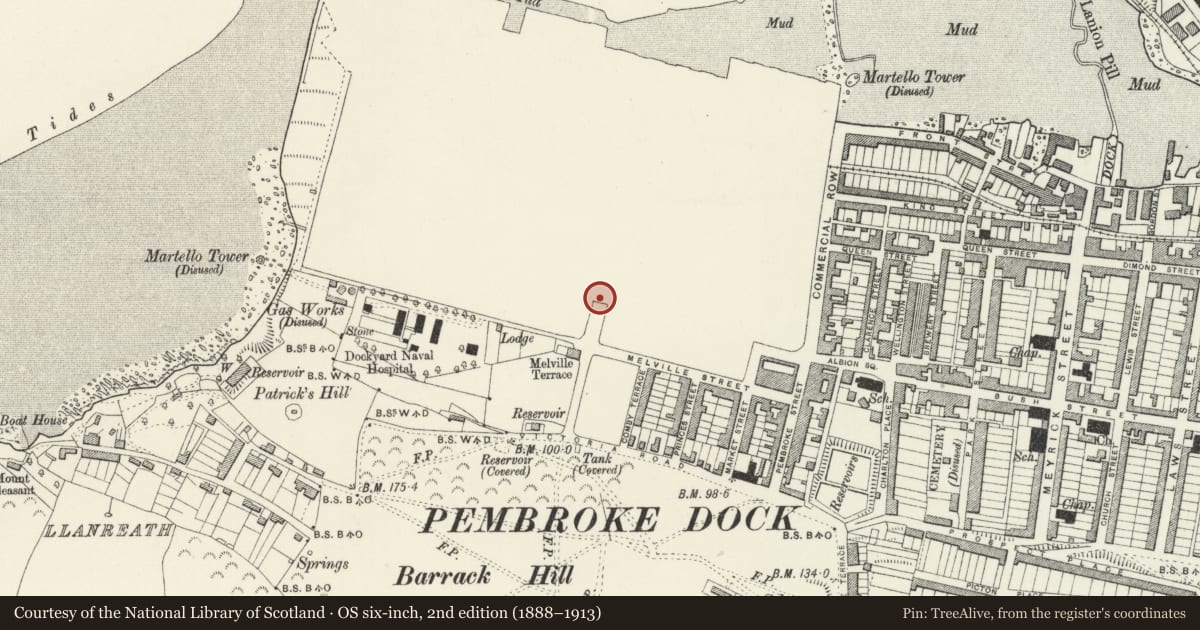 Ordnance Survey six-inch map, 2nd edition (1888–1913) covering the location of Piers and Lodges (formerly listed with Dockyard Wall), Pembroke Dock, Pembrokeshire, with a pin at the register's coordinates