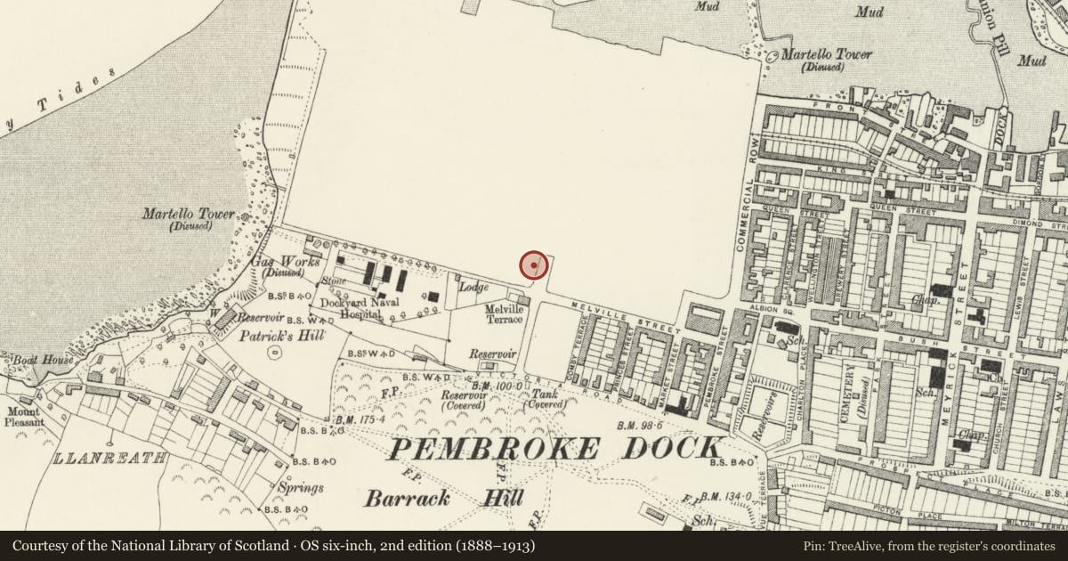 Ordnance Survey six-inch map, 2nd edition (1888–1913) covering the location of Long Stable Range to South, Pembroke Dock, Pembrokeshire, with a pin at the register's coordinates