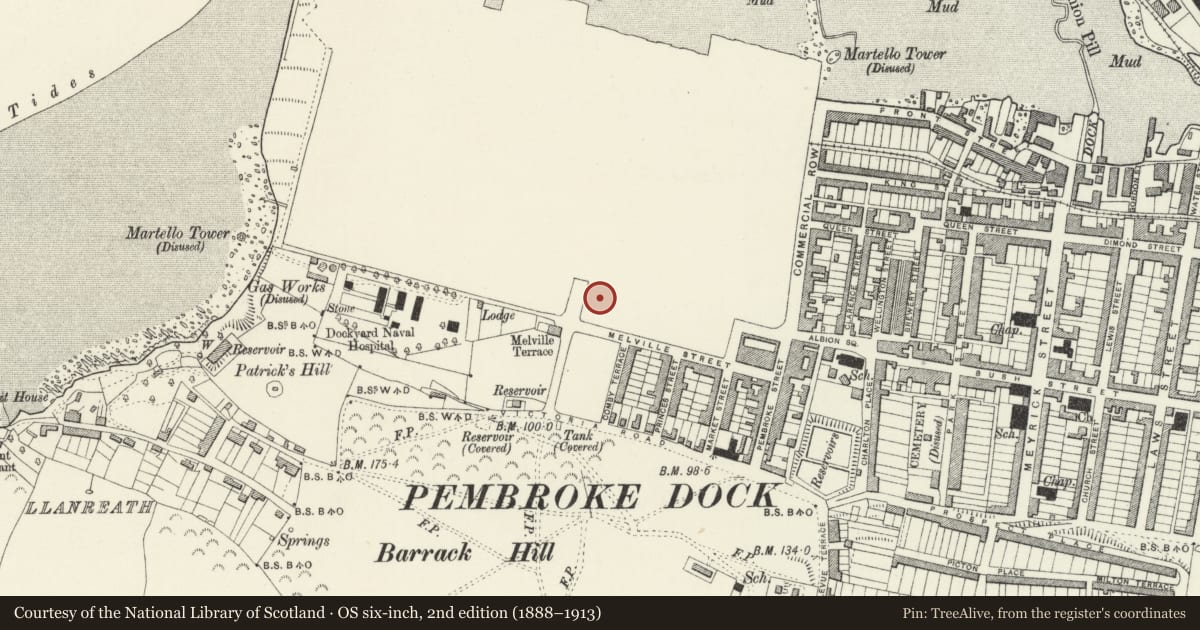 Ordnance Survey six-inch map, 2nd edition (1888–1913) covering the location of Rear of Garden Walls, Pembroke Dock, Pembrokeshire, with a pin at the register's coordinates