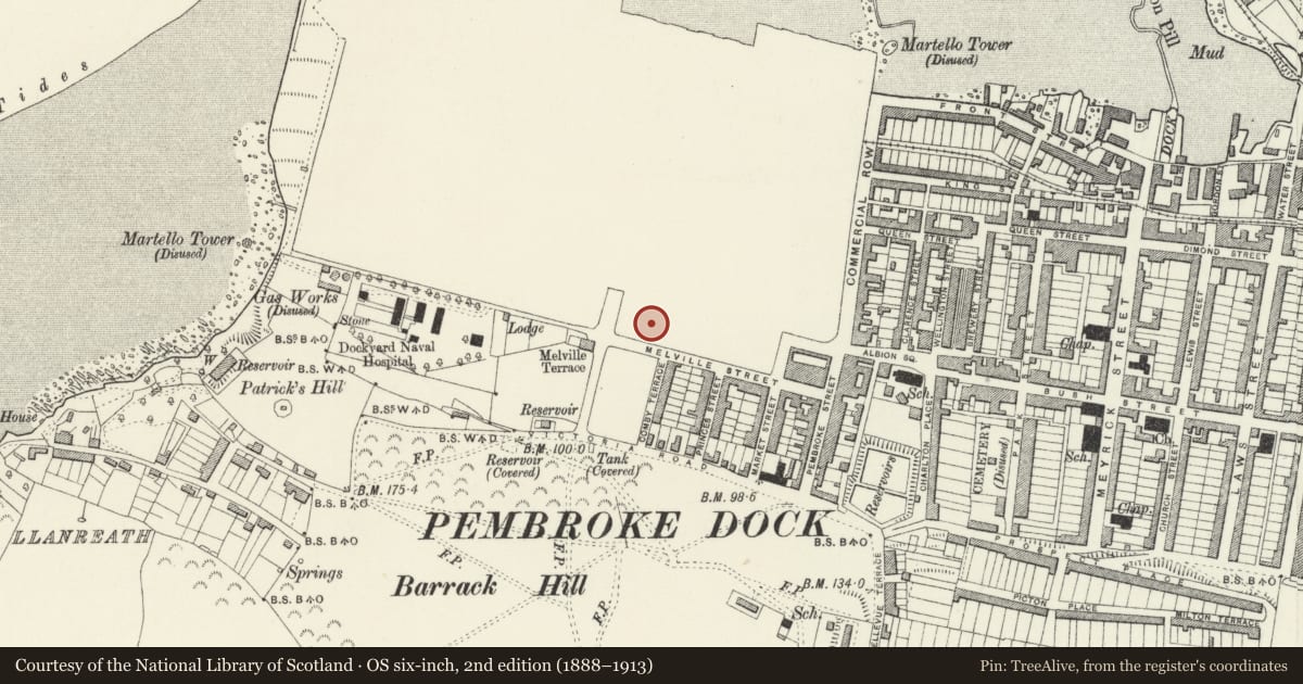 Ordnance Survey six-inch map, 2nd edition (1888–1913) covering the location of Rear Garden Walls, Pembroke Dock, Pembrokeshire, with a pin at the register's coordinates