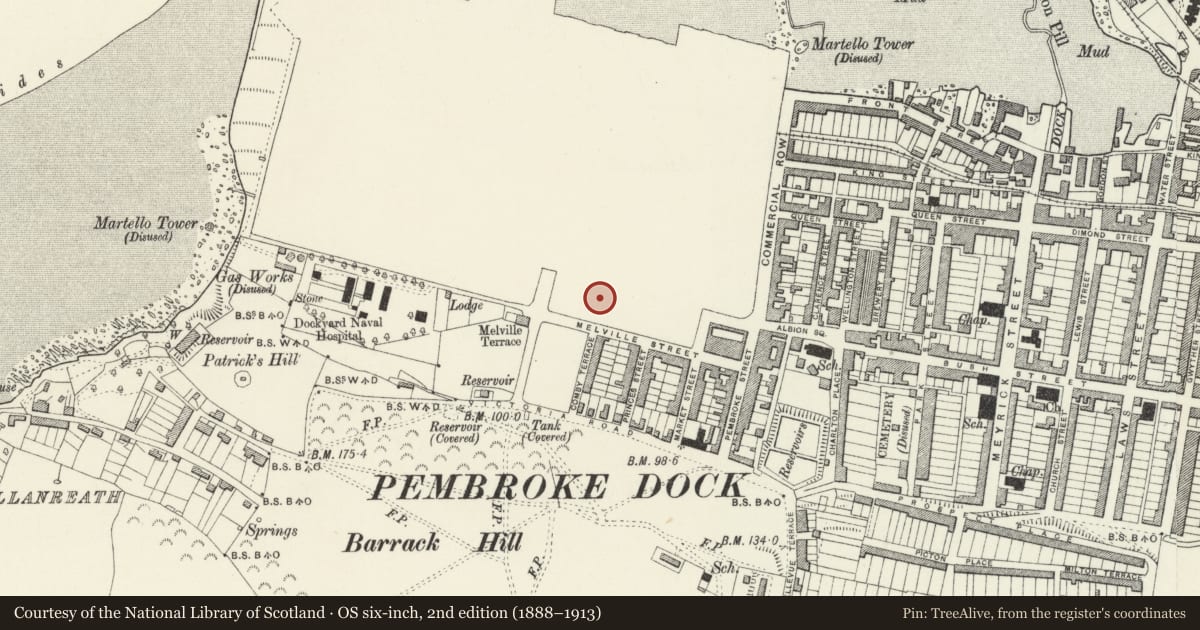Ordnance Survey six-inch map, 2nd edition (1888–1913) covering the location of Rear Garden Waless, Pembroke Dock, Pembrokeshire, with a pin at the register's coordinates