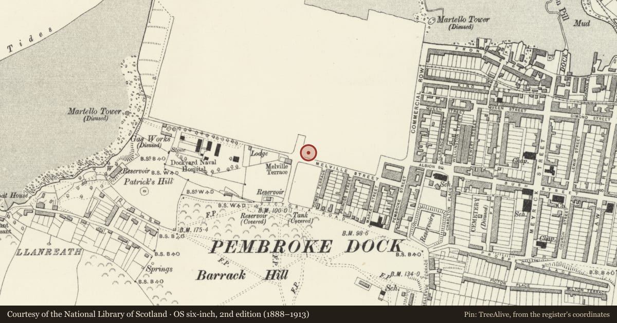 Ordnance Survey six-inch map, 2nd edition (1888–1913) covering the location of Coach-House Building to rear of 1 and 2, Pembroke Dock, Pembrokeshire, with a pin at the register's coordinates