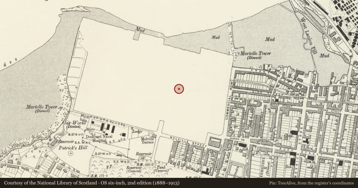 Ordnance Survey six-inch map, 2nd edition (1888–1913) covering the location of Hangar and Annexes, Pembroke Dock, Pembrokeshire, with a pin at the register's coordinates
