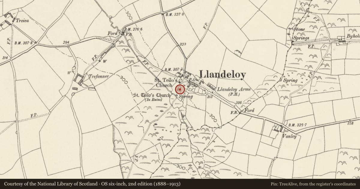 Ordnance Survey six-inch map, 2nd edition (1888–1913) covering the location of Church of Saint Teilo, Brawdy, Pembrokeshire, with a pin at the register's coordinates