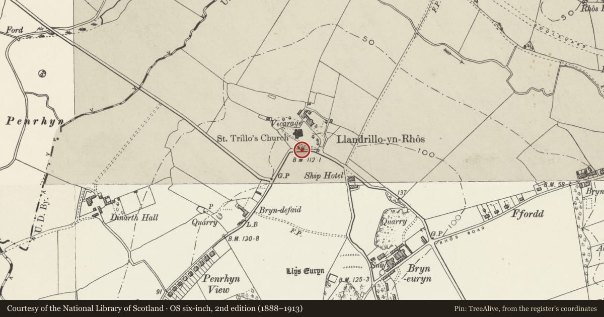 Ordnance Survey six-inch map, 2nd edition (1888–1913) covering the location of Lychgate of Church of St Trillo, Llandrillo-yn-Rhos/Rhos-on-Sea, Conwy, with a pin at the register's coordinates