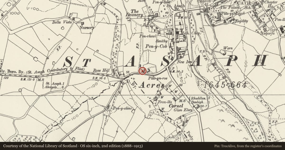Ordnance Survey six-inch map, 2nd edition (1888–1913) covering the location of April Cottage, St. Asaph, Denbighshire, with a pin at the register's coordinates