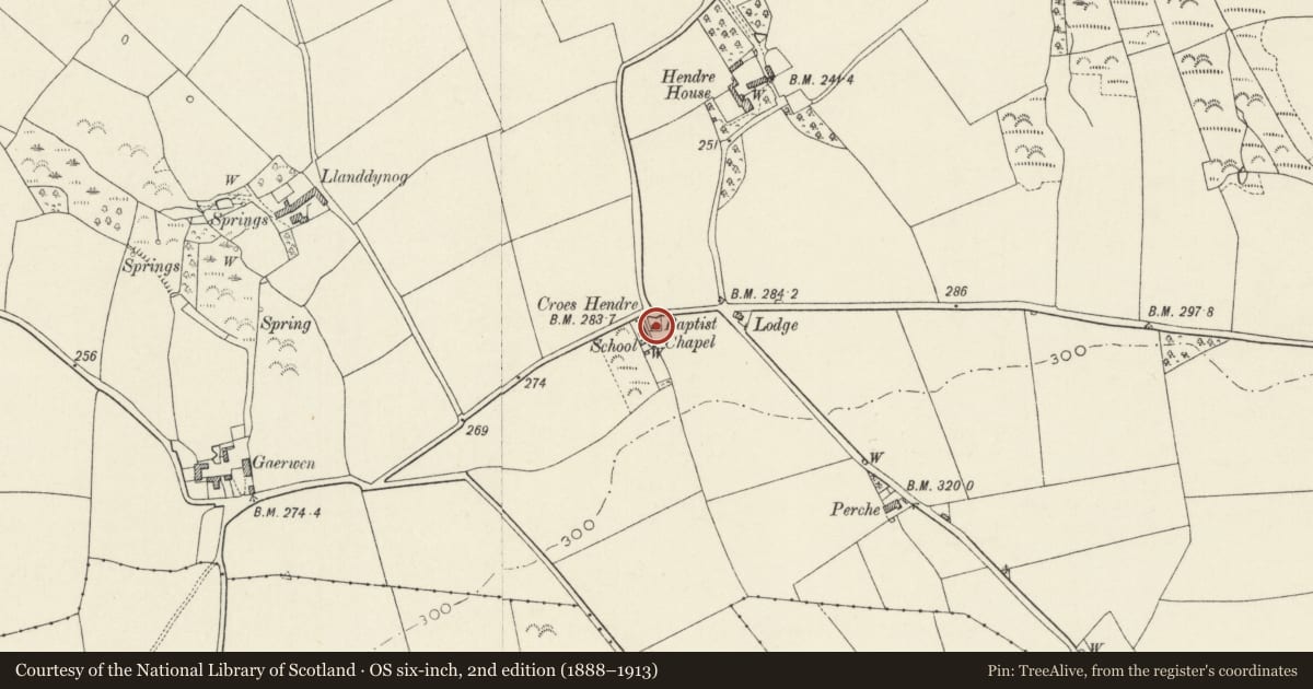 Ordnance Survey six-inch map, 2nd edition (1888–1913) covering the location of Hendre Cross, Brawdy, Pembrokeshire, with a pin at the register's coordinates