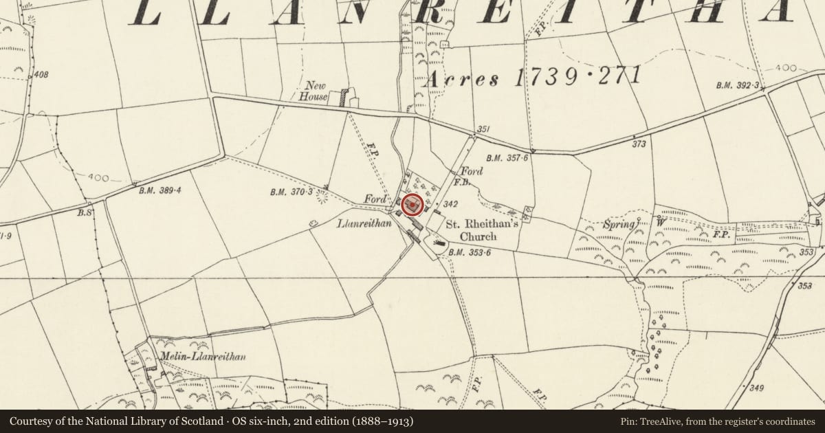 Ordnance Survey six-inch map, 2nd edition (1888–1913) covering the location of Llanreithan, Brawdy, Pembrokeshire, with a pin at the register's coordinates