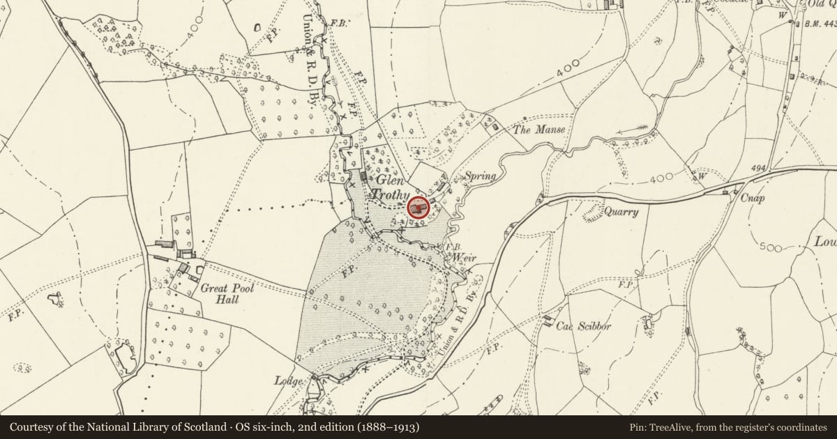 Ordnance Survey six-inch map, 2nd edition (1888–1913) covering the location of Glen Trothy House (including attached Sacred Heart Chapel), Skenfrith, Monmouthshire, with a pin at the register's coordinates