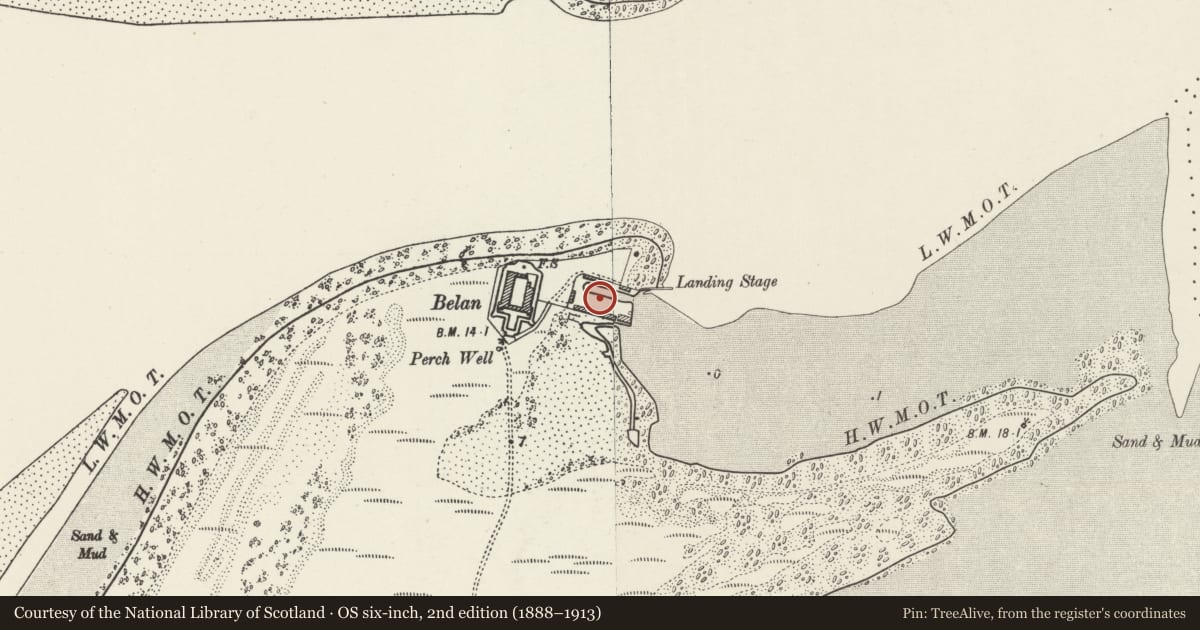 Ordnance Survey six-inch map, 2nd edition (1888–1913) covering the location of Dock, perimeter wall and attached buildings to east of Fort Belan, Llandwrog, Gwynedd, with a pin at the register's coordinates